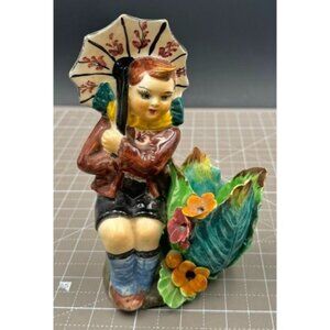 Numbered Italian Majolica Ceramic Child With Umbrella Planter Figure